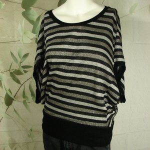 Forever Silver metallic Black Striped Short Sleeve Knit Club Top Shirt Tunic
